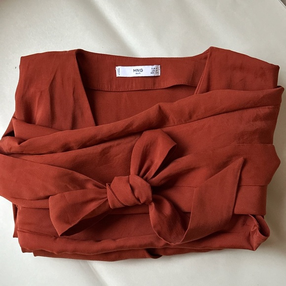 Mango Rust Wrap Midi Dress Long Sleeve Belted — Size S - Picture 5 of 14